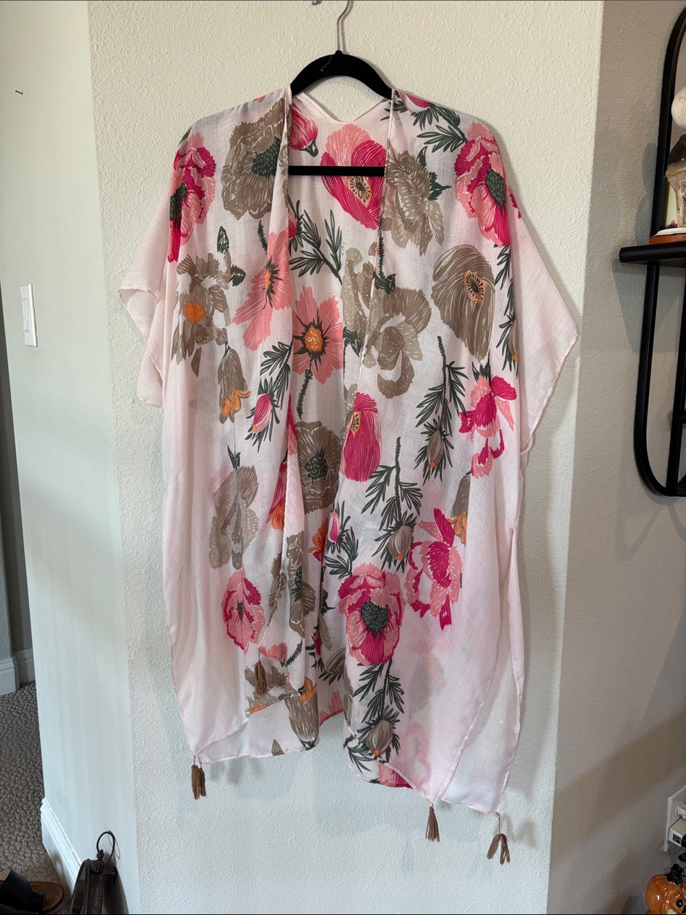 Light Pink Floral Kimono Cover-Up with Tassels